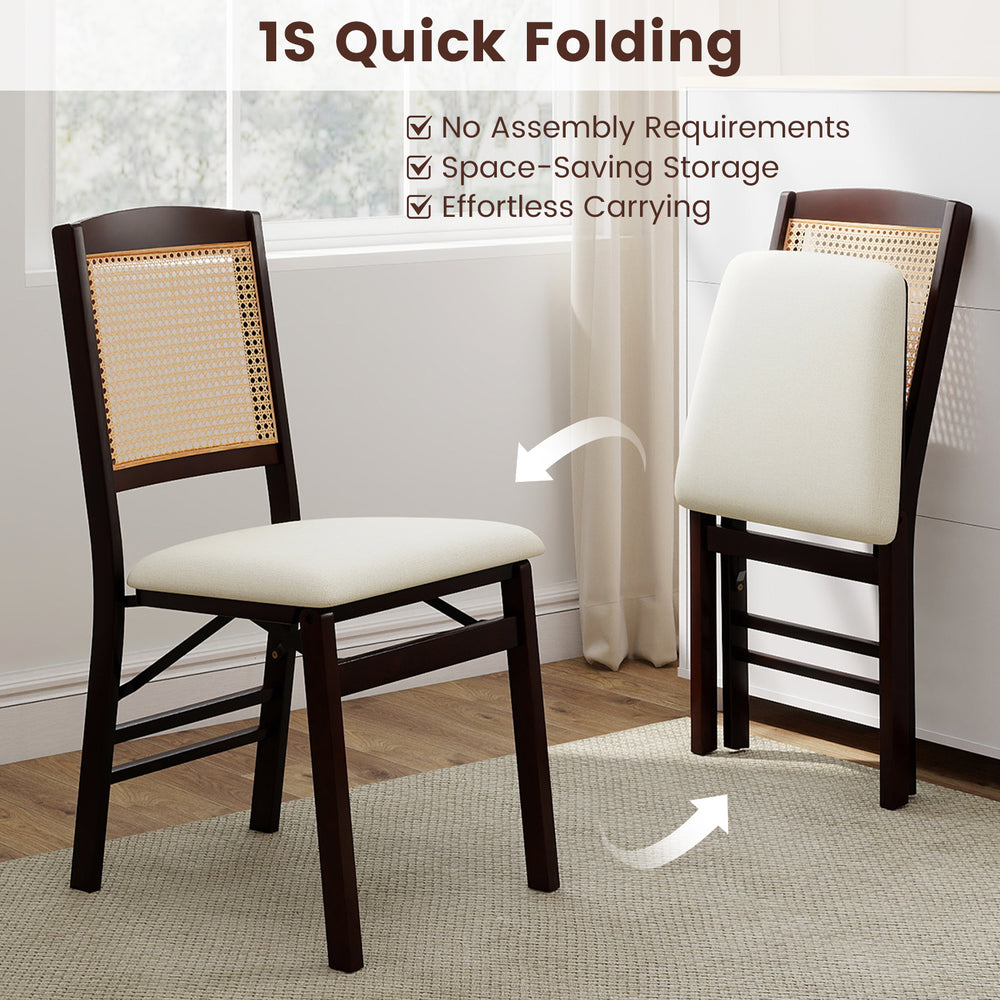 Set of 2 folding dining chairs with rubber wood frame and linen padded seats, perfect for space-saving storage.