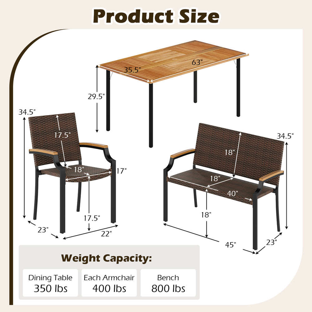 Dimensions of the 6 pieces outdoor dining set with acacia wood tabletop and hand-woven PE rattan for patio use.