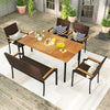 Outdoor dining set featuring an acacia wood tabletop and hand-woven PE rattan chairs, perfect for backyard gatherings.