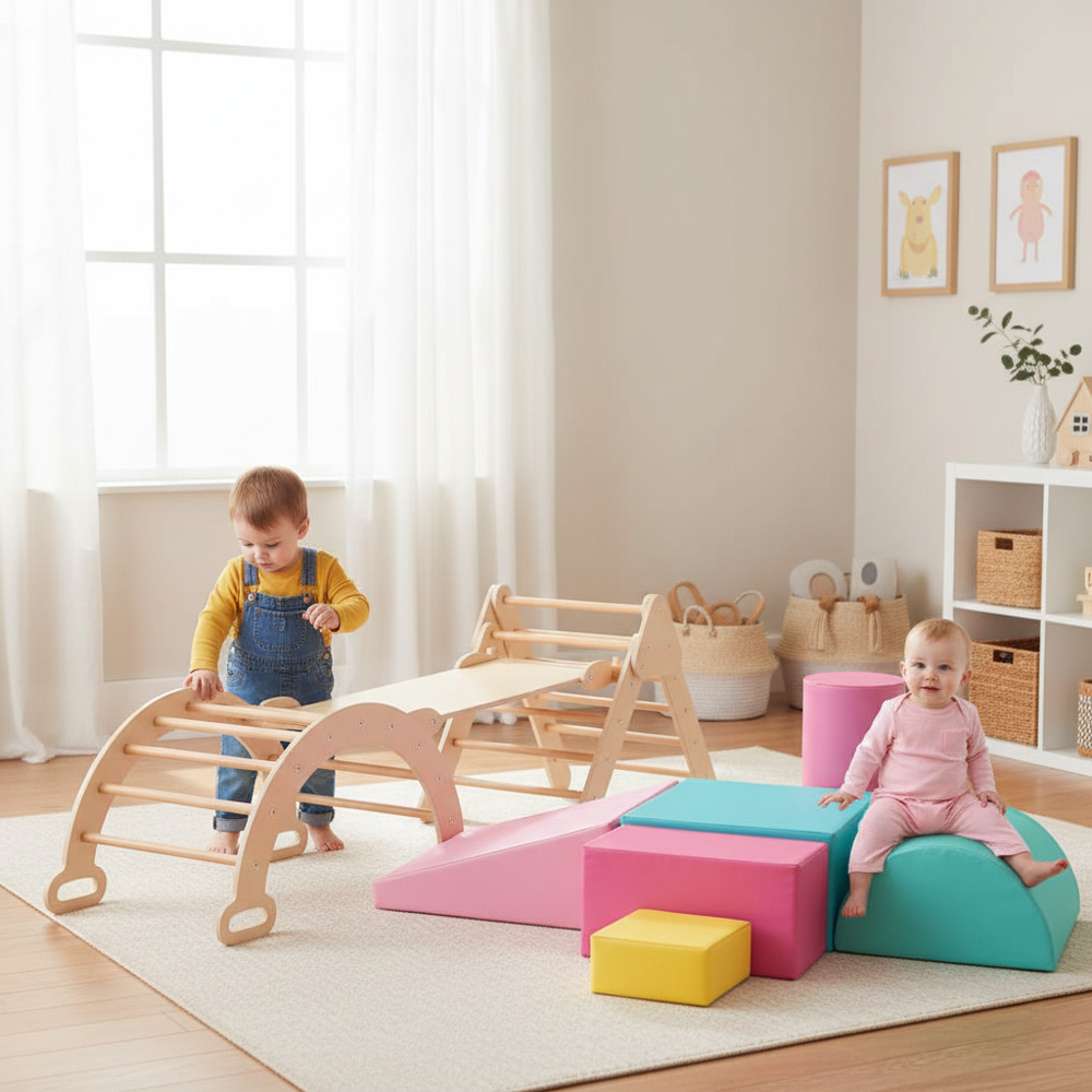 Pikler triangle set with climbing arch and colorful foam blocks for toddlers, promoting active indoor play and.