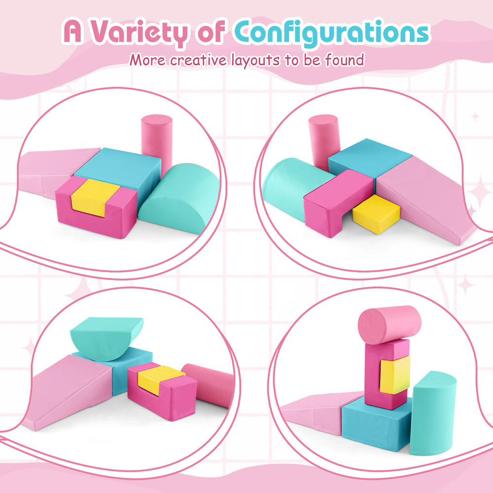 Colorful foam blocks in various shapes for creative play configurations with the 7-in-1 Pikler Triangle Set for.
