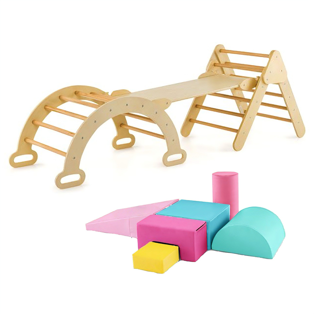 Pikler triangle set with climbing arch and adjustable ramp, plus colorful foam blocks for toddlers' indoor play.