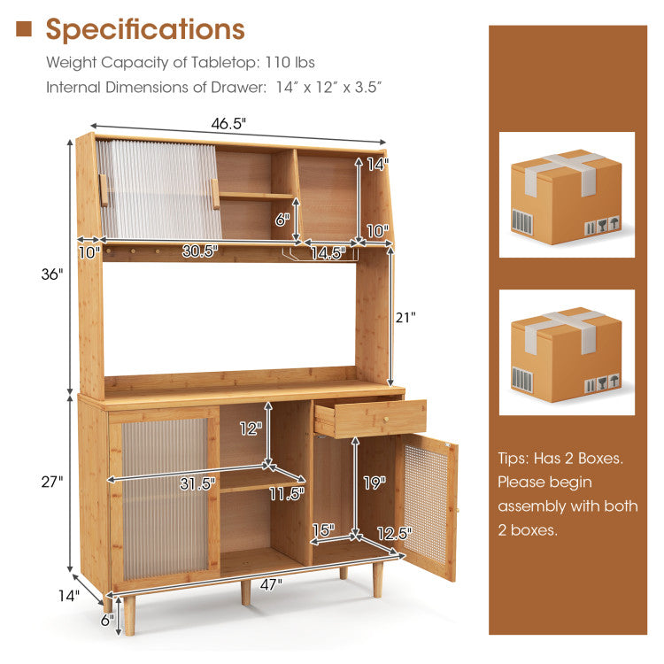 Extendable dining table with rattan accent chairs and kitchen cabinet, crafted from bamboo and rubber wood for.