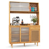 Kitchen cabinet with rattan doors, featuring a wine bar setup and storage, crafted from bamboo and rubber wood.