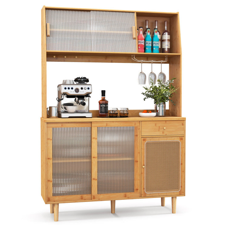 Kitchen cabinet with rattan doors, featuring a wine bar setup and storage, crafted from bamboo and rubber wood.