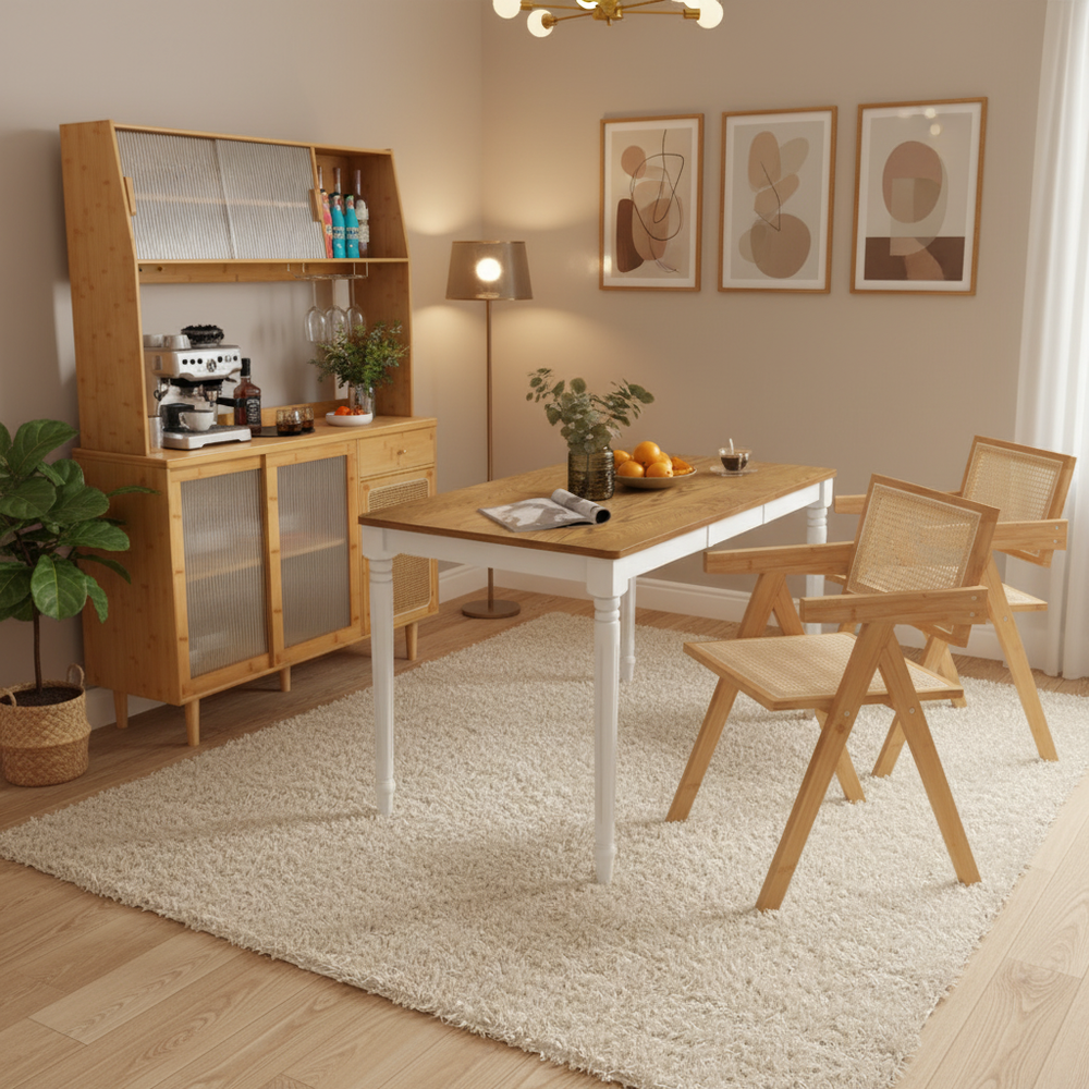Extendable dining table with 2 rattan accent chairs and a kitchen cabinet, perfect for dining rooms or coffee bar areas.
