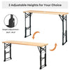 Adjustable wooden picnic table showing two height options, ideal for versatile outdoor use with rustic charm.