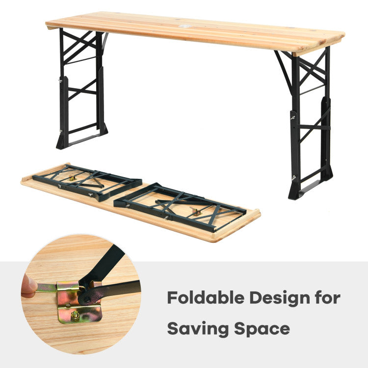 Folding wooden picnic table with adjustable height and sturdy black frame, perfect for outdoor gatherings and.