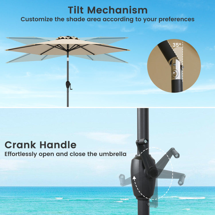 Adjustable umbrella with crank handle and tilt mechanism for customizable shade, paired with a wooden picnic table set.