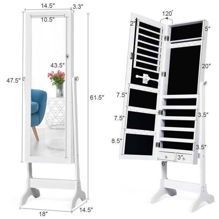 Lockable mirrored jewelry cabinet with 8 shelves, 38 hooks, and adjustable lighting for organized storage and styling.