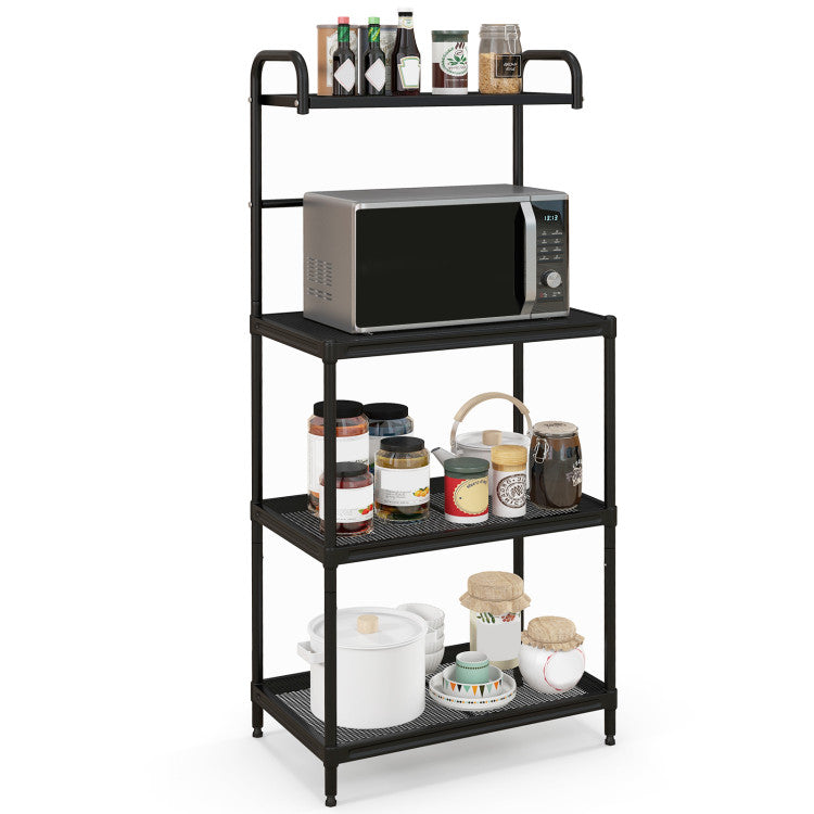 Close-up of the 4-tier kitchen microwave storage rack showcasing open-wire shelves and ergonomic handle for easy access.