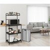 4-tier kitchen microwave storage rack with open-wire shelves and slim stainless steel trash can for efficient.