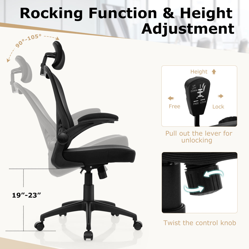 Ergonomic mesh office chair with height adjustment and rocking function, designed for comfort in home office use.