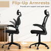 Ergonomic mesh office chair with flip-up armrests, designed for comfort and productivity in a home office setting.