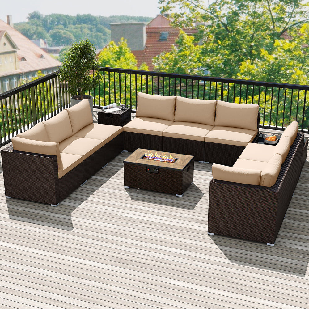Outdoor PE rattan conversation set with beige cushions and 32” propane fire pit table, perfect for balcony or garden.