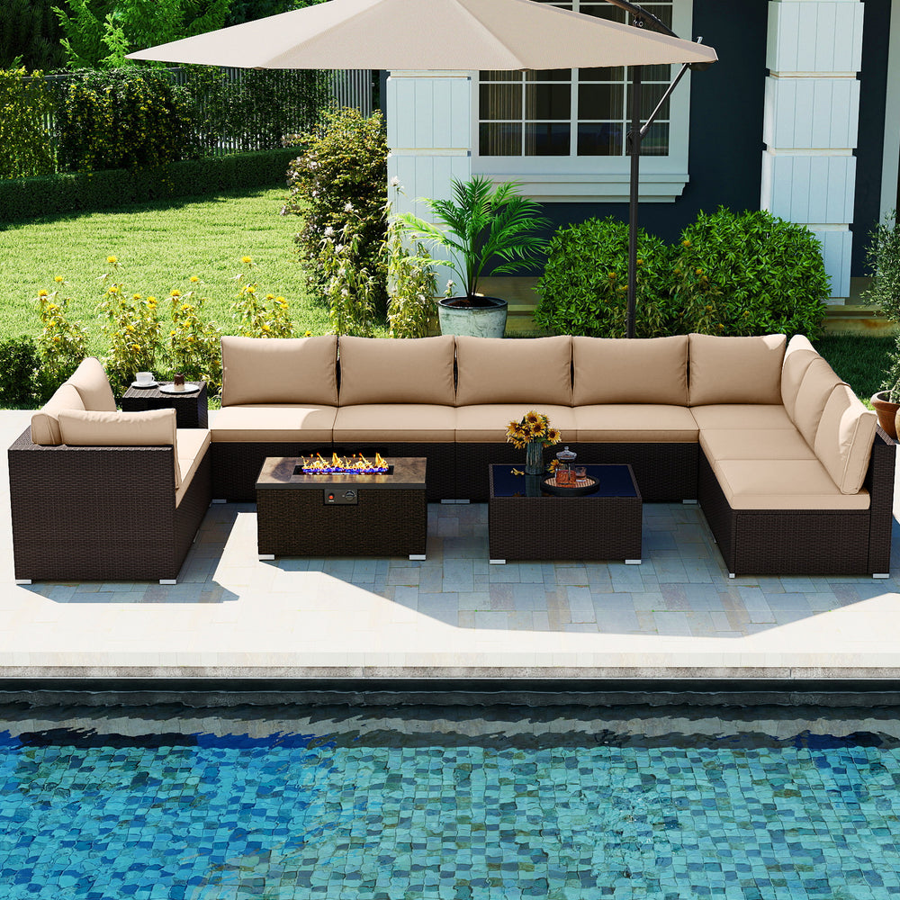 Outdoor PE rattan conversation set with beige cushions and propane fire pit table, perfect for poolside relaxation.