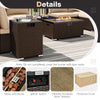 Close-up of the outdoor PE rattan fire pit table with archaized brick tabletop and heavy-duty burner for cozy.