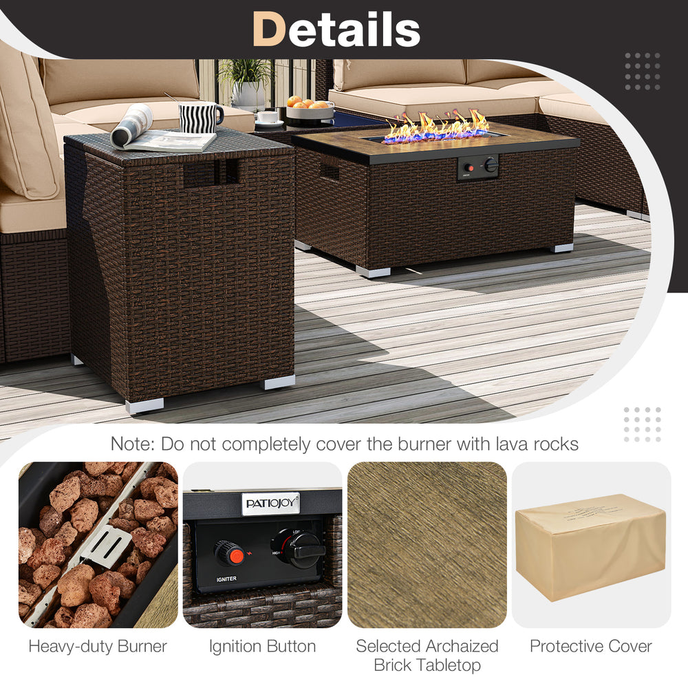 Close-up of the outdoor PE rattan fire pit table with archaized brick tabletop and heavy-duty burner for cozy.