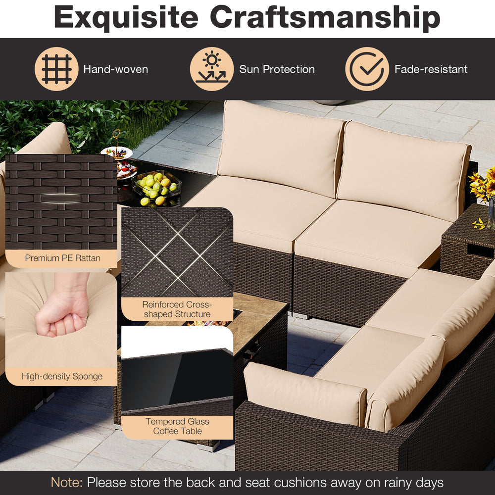 Outdoor PE rattan conversation set with beige cushions and tempered glass coffee table, perfect for garden or patio use.