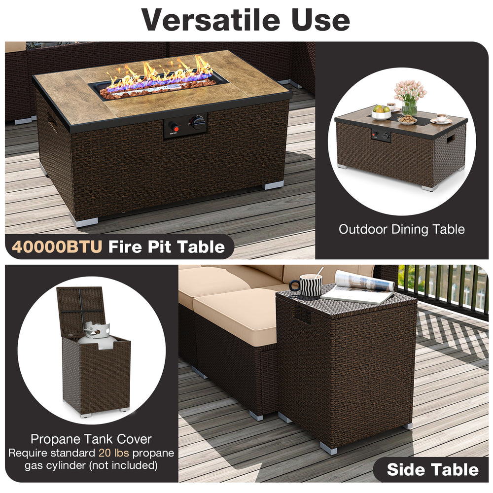 Outdoor PE rattan fire pit table with archaized brick top, 40000BTU heat output, and propane tank cover for versatile.