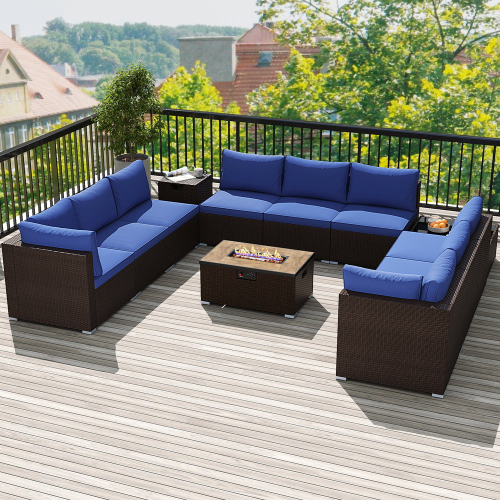 Outdoor PE Rattan Conversation Set with 32” Propane Fire Pit Table and Tank Holder-Navy - Gallery View 1 of 7
