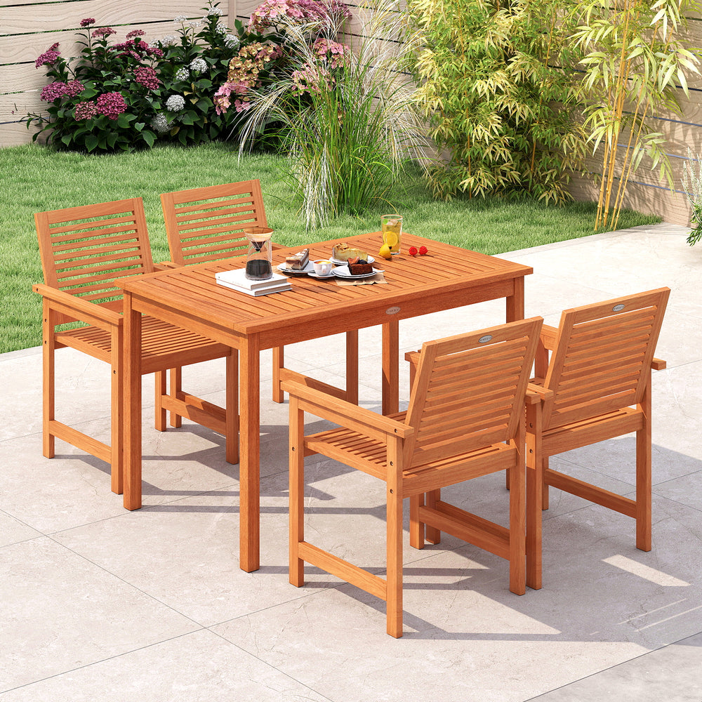 5-piece patio wood dining set featuring a rectangular table and ergonomic chairs, perfect for outdoor gatherings.