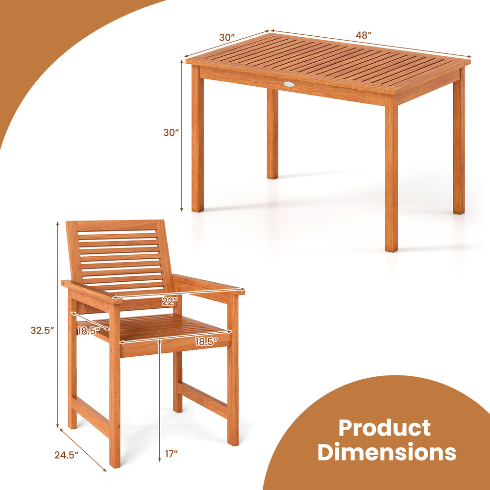 Patio wood dining set dimensions showing a rectangular table and ergonomic chair with slatted surfaces for outdoor use.