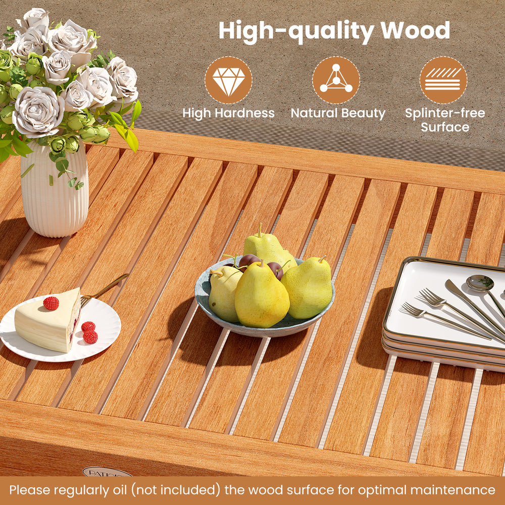 Patio wood dining set featuring a smooth, splinter-free surface with a rustic charm, perfect for outdoor gatherings.