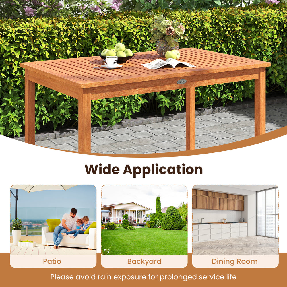 Rectangular wooden dining table from the 5-piece patio set, showcasing a smooth surface for outdoor dining.