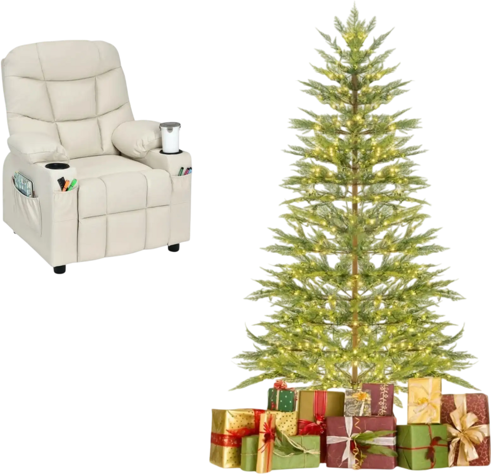 6.5FT Pre-Lit Christmas Tree & Beige Kids Recliner Chair Set, Cozy Holiday Bundle