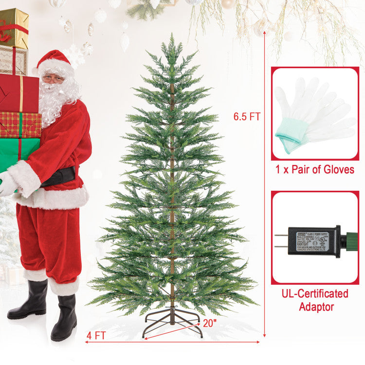 6.5FT pre-lit Christmas tree with 470 PE branch tips and warm white LED lights, perfect for festive holiday decor.