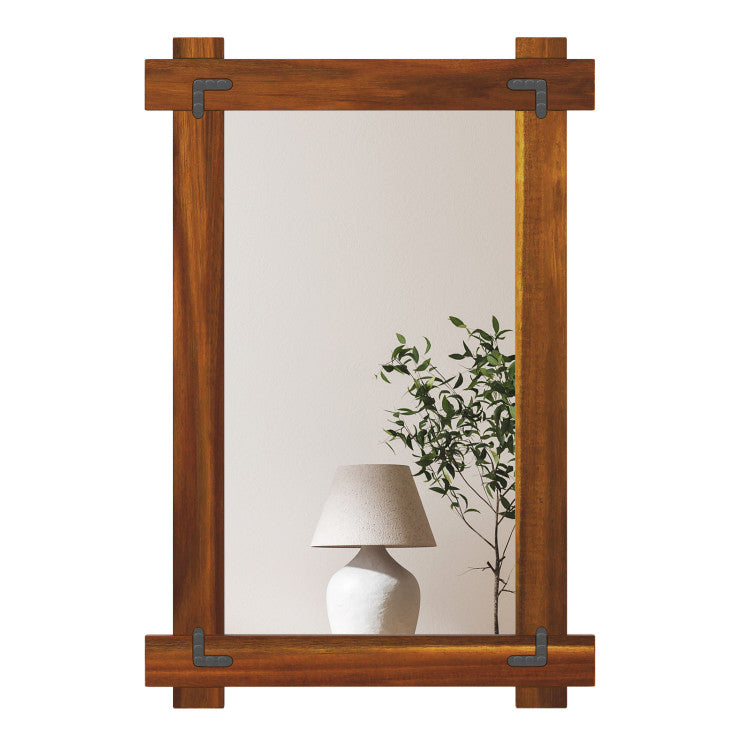 Acacia wood mirror with rustic frame, featuring shatterproof glass, ideal for farmhouse decor and versatile placement.