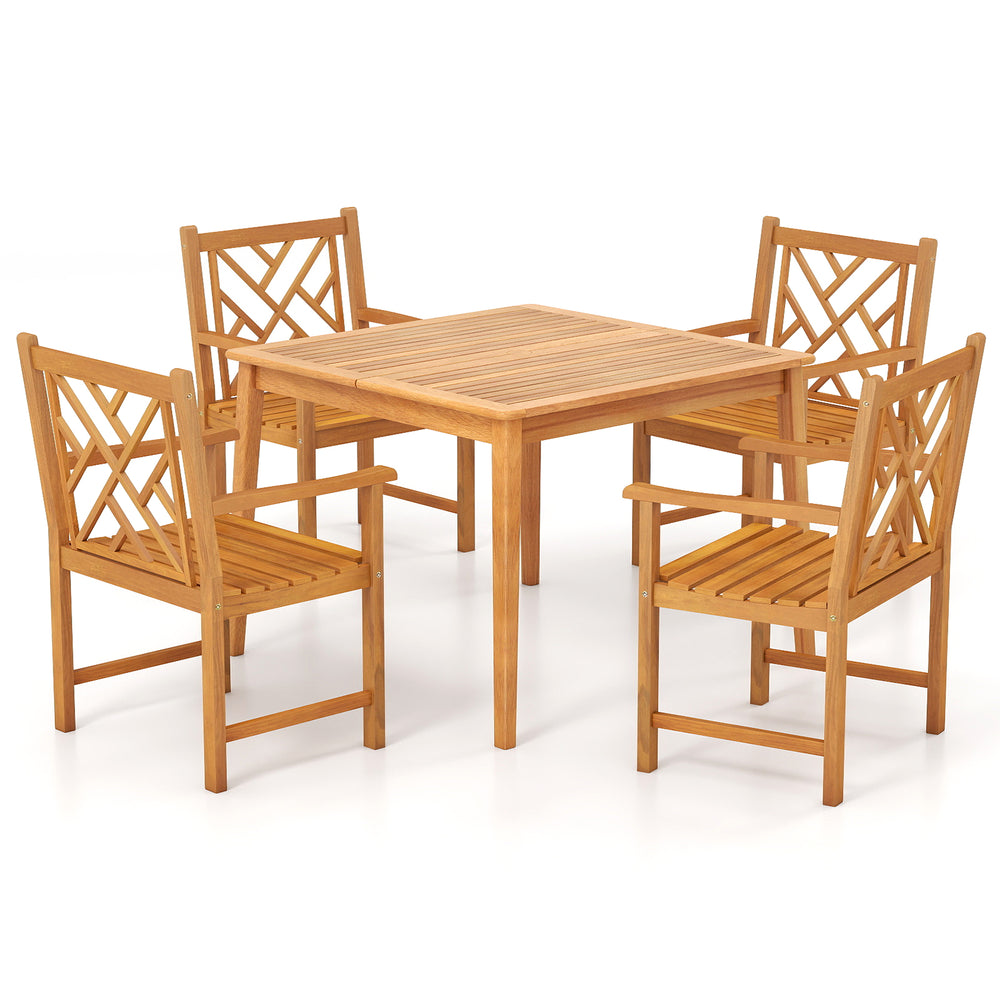 Square acacia wood dining table set with 4 chairs, slatted design, ideal for patios and cozy gatherings.