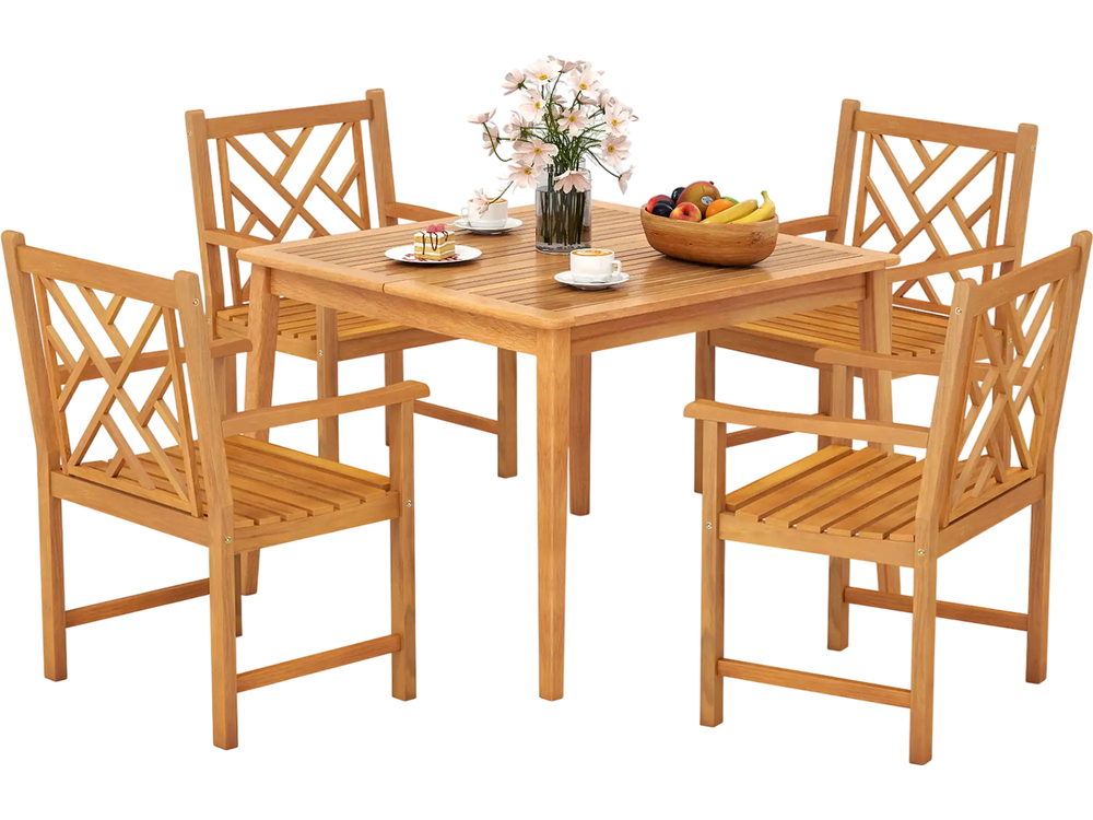 5-Pieces Patio Dining Table Set Wood Square Dining Table with 4 Chairs and Slatted Tabletop