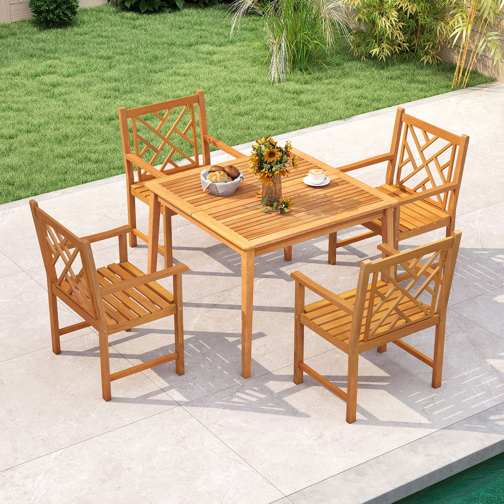 5-piece patio dining set featuring a square acacia wood table and 4 slatted chairs, perfect for outdoor gatherings.