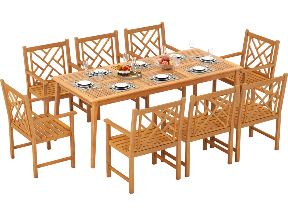 9-Pieces Patio Dining Table Set Wood Rectangular Dining Table with 8 Chairs and Slatted Tabletop