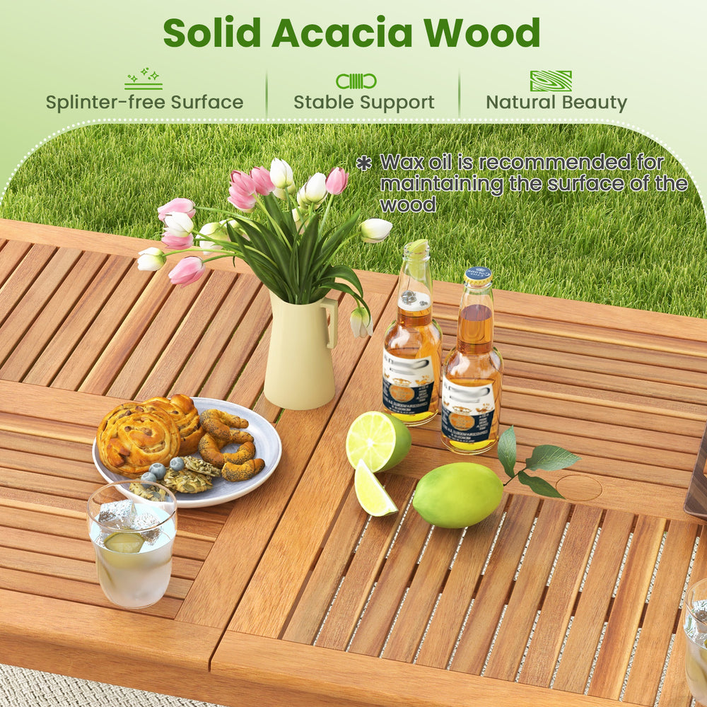Rectangular dining table from a 9-piece patio set, crafted from solid acacia wood, ideal for outdoor gatherings.