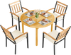 5 Pieces Outdoor Acacia Wood Dining Set Patio Round Table and Metal Chairs with Cushions
