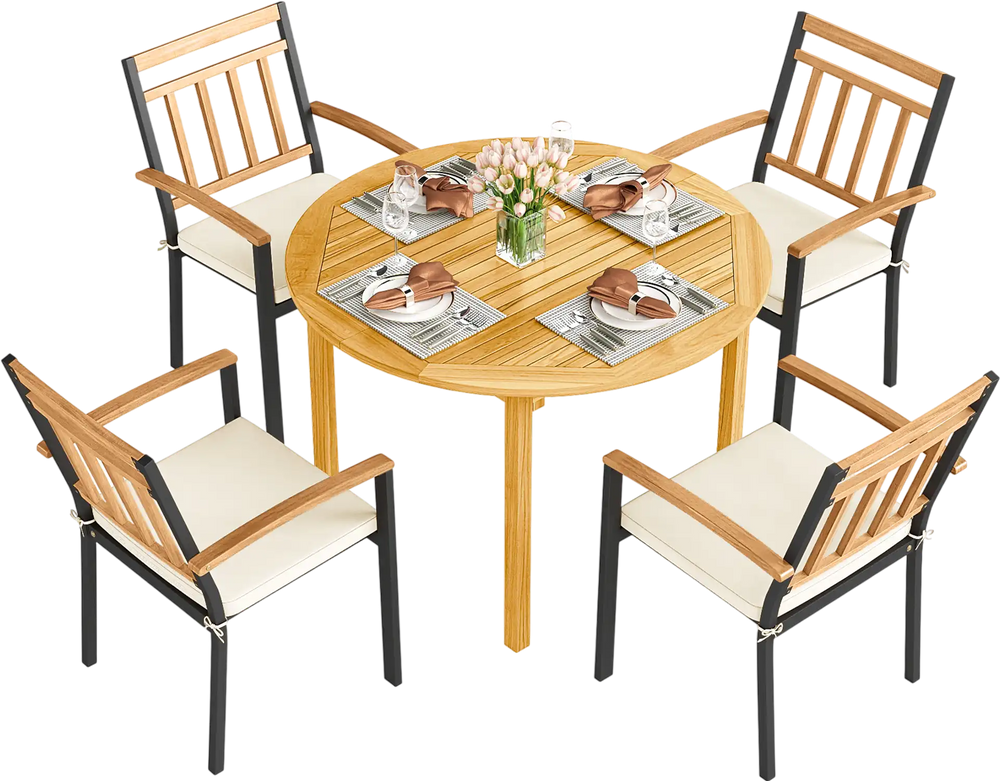 5 Pieces Outdoor Acacia Wood Dining Set Patio Round Table and Metal Chairs with Cushions