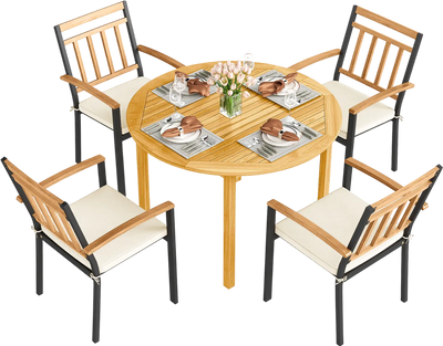 Costway 5-Pc Outdoor Patio Acacia Wood Round Dining Set w/ Metal Chairs & Cushions 21481887 New