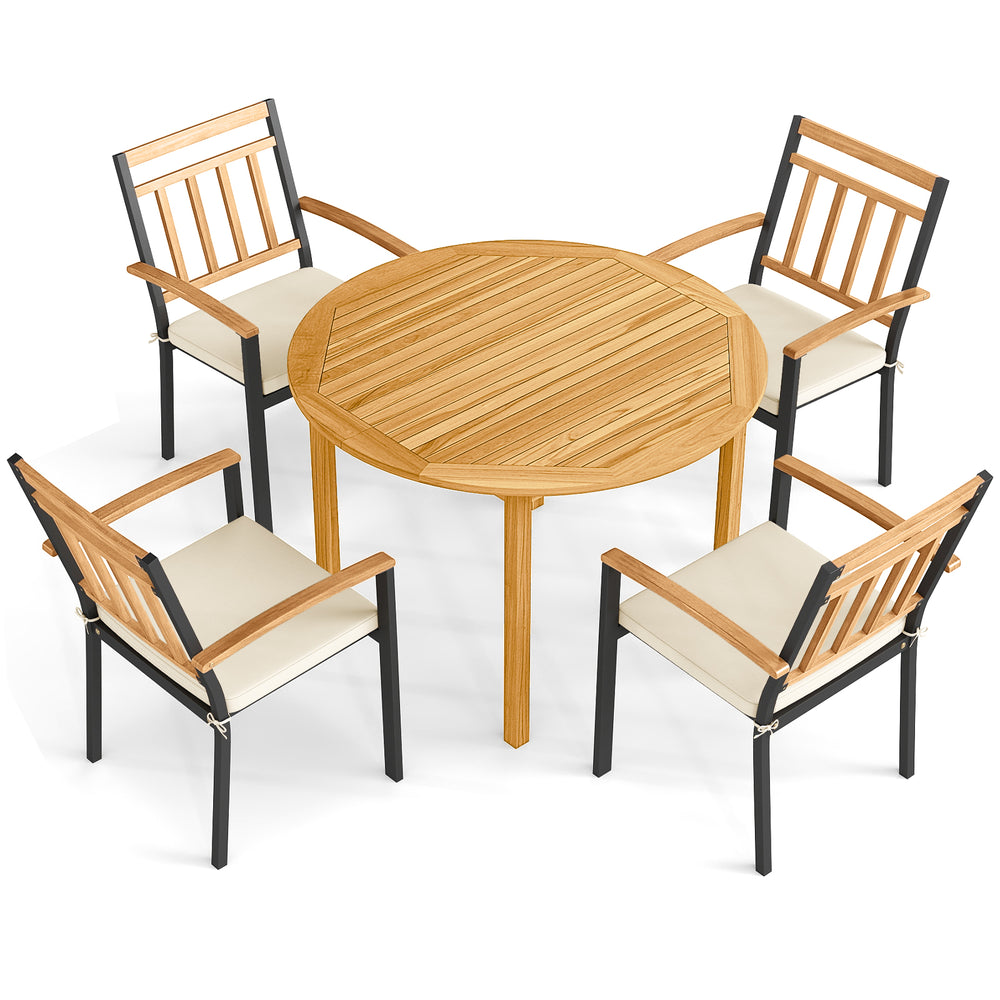 Top view of a 5-piece outdoor dining set featuring a round acacia wood table and four cushioned metal chairs, ideal for.