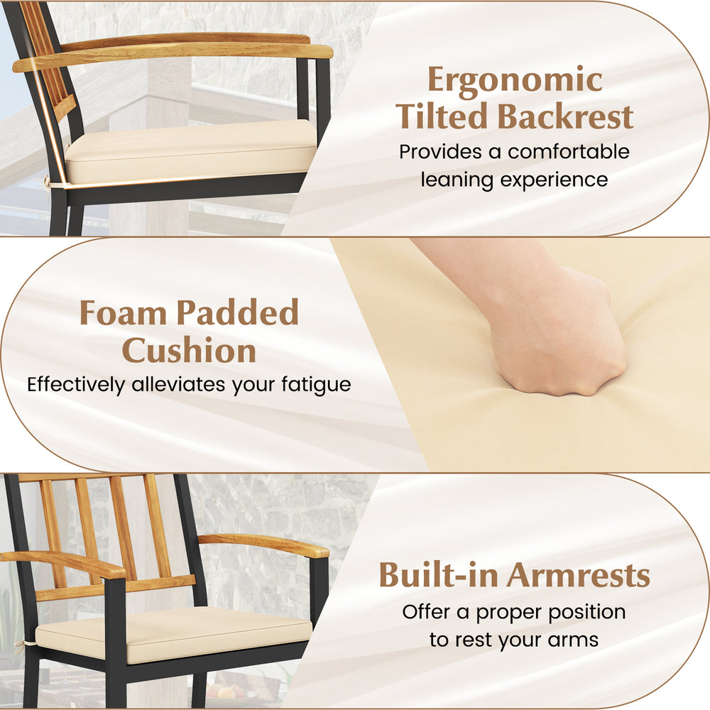 Close-up of the foam padded cushion on a patio chair from the 5 Pieces Outdoor Acacia Wood Dining Set for comfort.