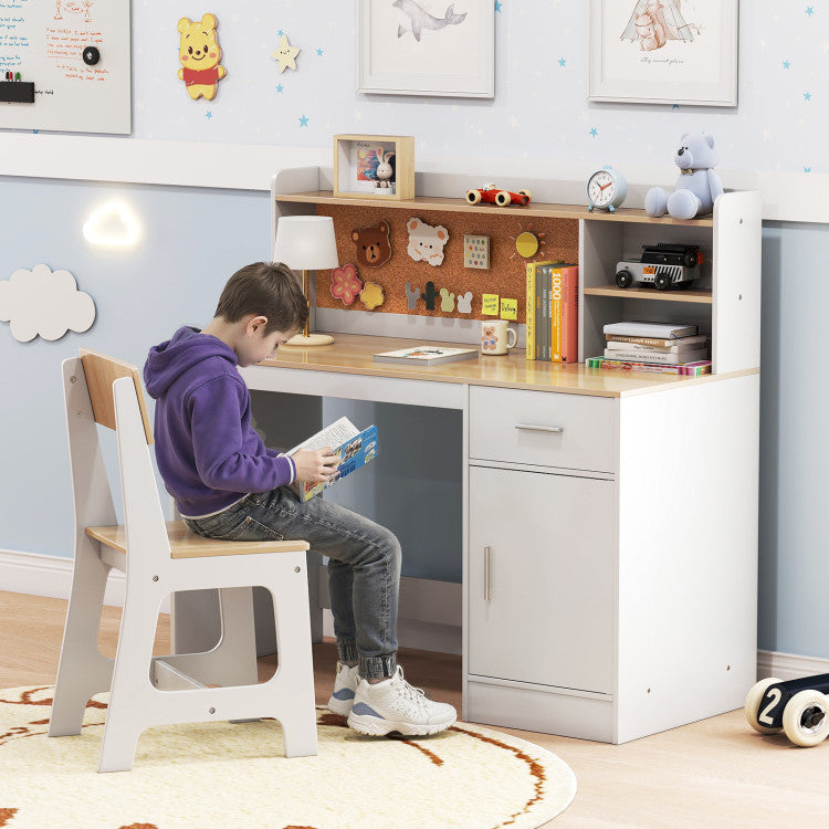 Natural study desk and chair set for kids, featuring ample storage and ergonomic support in a cozy room setting.