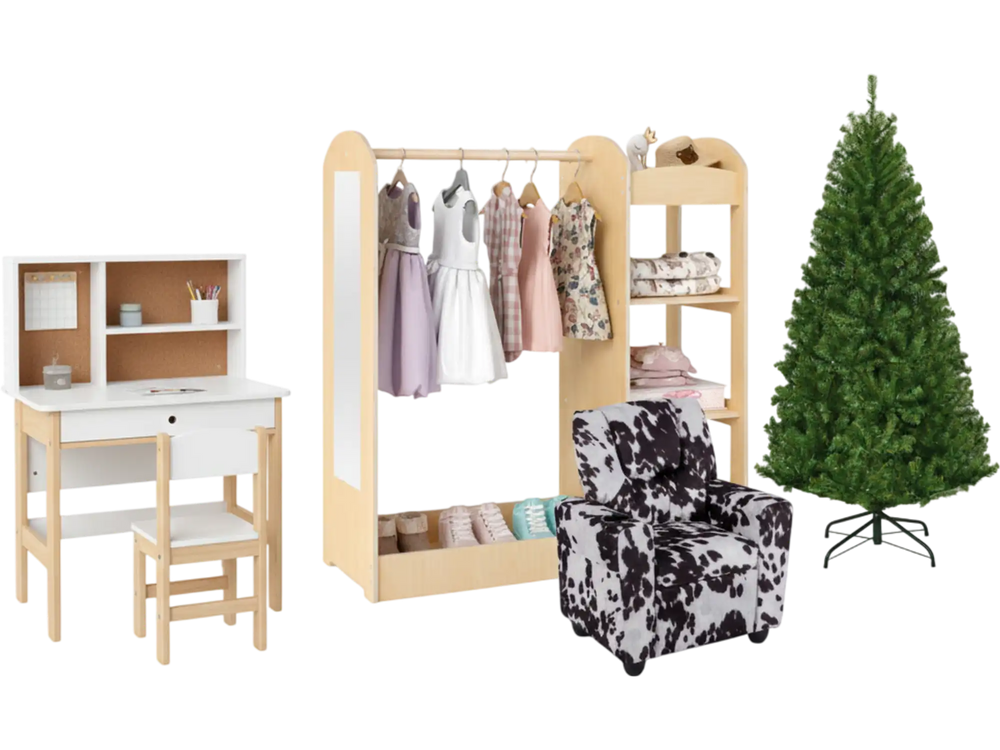 Kids Room Set: Recliner + Natural Study Desk & Chair + 4-ft Christmas Tree + Natural Dress-Up Storage