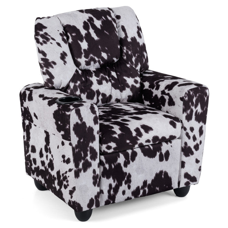Kids push-back recliner in black and white, featuring a cup holder, perfect for reading and relaxing in a child's room.