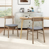 Set of 2 fabric upholstered dining chairs with rubber wood frame in oak, featuring curved backrest for lumbar support.