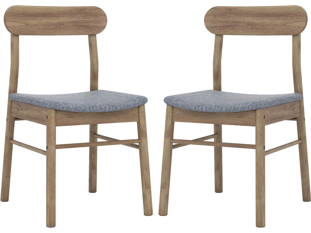 Set of 2 oak dining chairs with rubber wood frame and fabric upholstery, featuring a curved backrest for lumbar support.