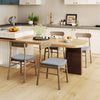 Set of four fabric upholstered dining chairs with rubber wood frames, featuring curved backrests for lumbar support.