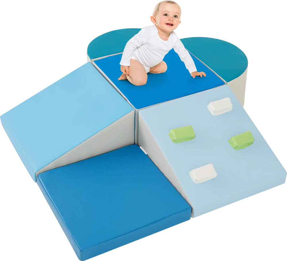 Soft play set featuring a climbing triangle and ramp in blue, designed for toddlers' developmental skills and easy.