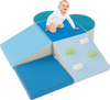Soft play set featuring a climbing triangle and ramp in blue, designed for toddlers' developmental skills and easy.